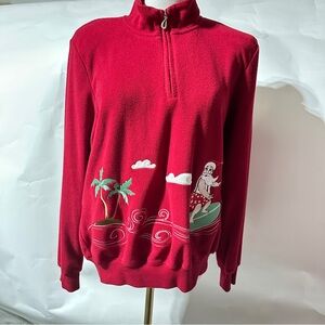 Alfred Dunner Red Surfing Santa Holiday Fleece Quarter Zip Sweatshirt Women’s S